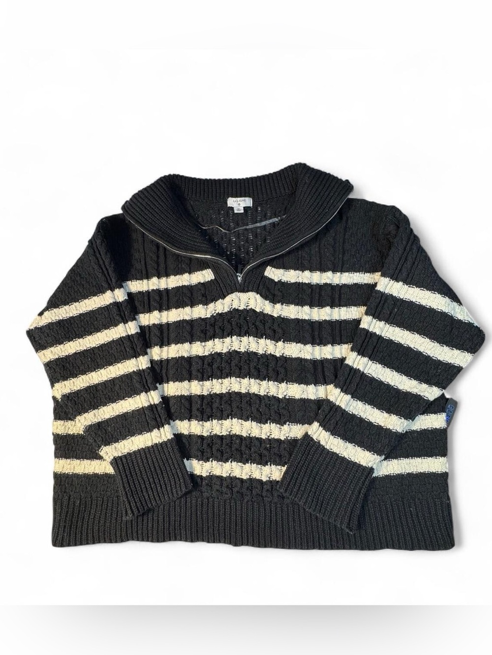 La Ligne Zip Collar Striped Sweater Size 3X Black Cream Cable Knit Cozy Preppy